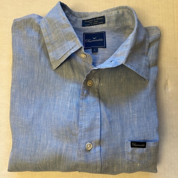 Faconnable light Blue 100% linen Casual Button Down mens Shirt Sz-L. E18 - Picture 3 of 10